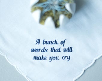 personalized wedding handkerchief, wedding hankie, wedding keepsake, custom embroidered, bridal party favors, sentimental hanky