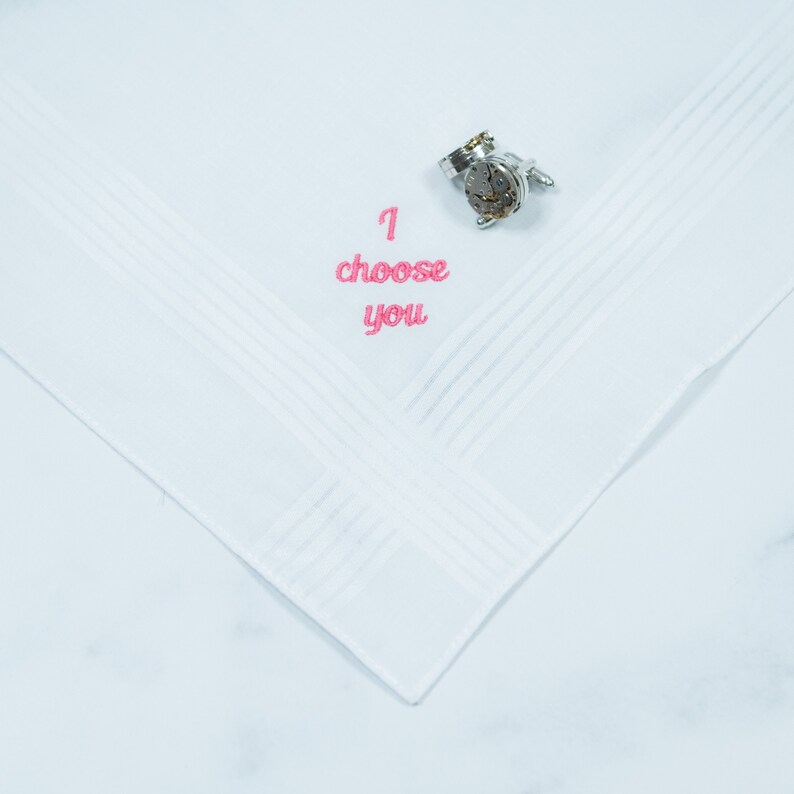 I Choose You Mens Handkerchief, Embroidered Handkerchief, Custom Wedding Gift, Romantic Groom Gift, Personalized Love You Gift From Bride Pink Thread