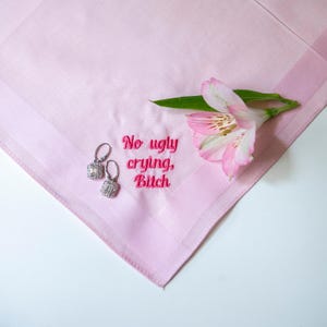 no ugly crying handkerchief, custom handkerchief wedding, something blue for bride from sister, gift from bride, wedding mementos