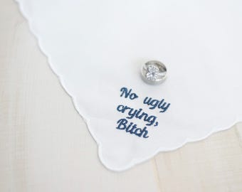 Embroidered "No Ugly Crying" Wedding Handkerchief: Something Blue Gift