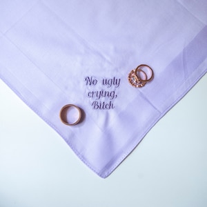 no ugly crying handkerchief, custom handkerchief wedding, something blue for bride from sister, gift from bride, wedding mementos