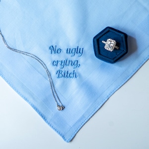 no ugly crying handkerchief, custom handkerchief wedding, something blue for bride from sister, gift from bride, wedding mementos