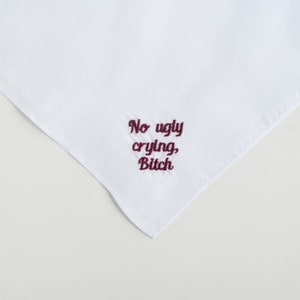 no ugly crying handkerchief, custom handkerchief wedding, something blue for bride from sister, gift from bride, wedding mementos