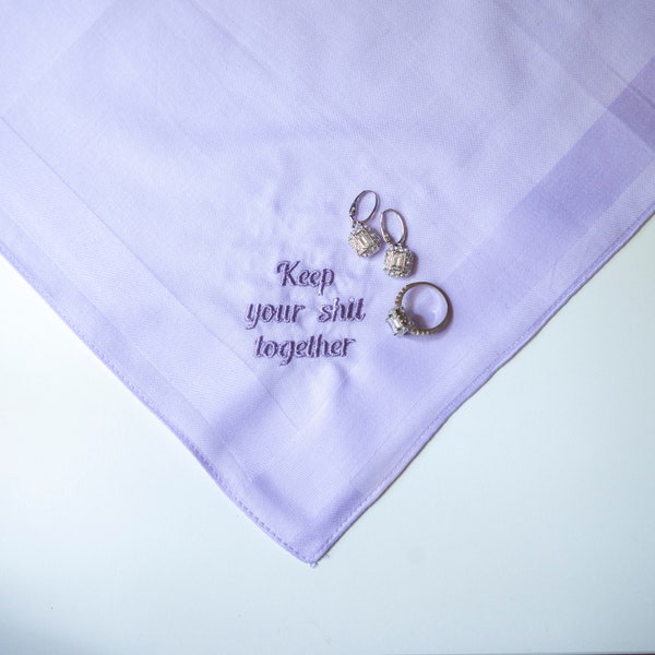 keep your shit together wedding handkerchief, engagement gifts for best friend, lavender bridesmaid gift, funny wedding day gift for mom