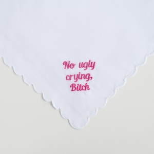 no ugly crying handkerchief, custom handkerchief wedding, something blue for bride from sister, gift from bride, wedding mementos