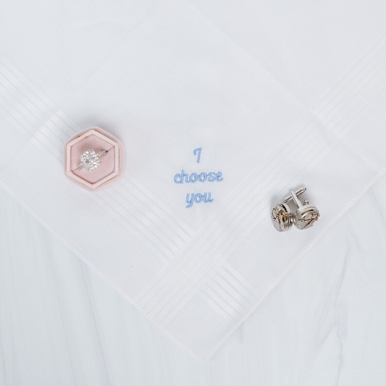 I Choose You Mens Handkerchief, Embroidered Handkerchief, Custom Wedding Gift, Romantic Groom Gift, Personalized Love You Gift From Bride Baby Blue Thread