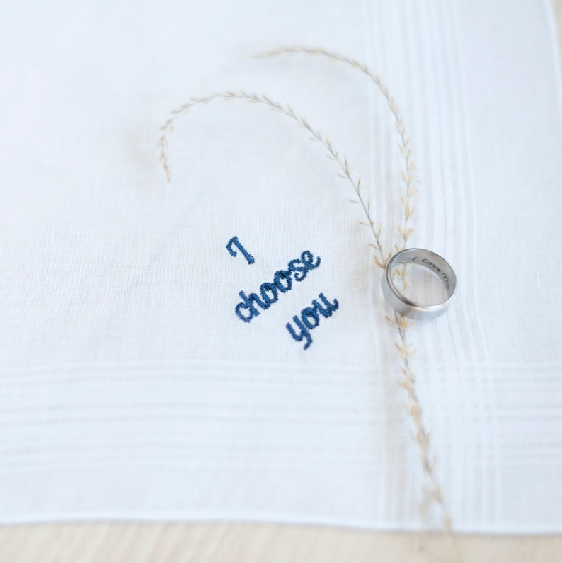 I Choose You Mens Handkerchief, Embroidered Handkerchief, Custom Wedding Gift, Romantic Groom Gift, Personalized Love You Gift From Bride Navy Thread