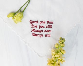 custom handkerchief, fiance gift, sentimental hanky, something blue for bride, wedding traditions, wedding hankie, embroidered hankie