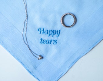 happy tears handkerchief, baby blue wedding handkerchief, wedding day gift for mom from bride, father of the bride gift from daughter, best