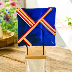 Fused glass platter, glass fused tray, glass plate, blue and red tray, art glass, serving tray, modern art tray, hostess gift, bride gift