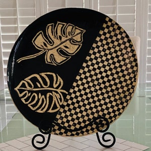 Large Ceramic Serving Platter: Black & Beige Carved Stoneware
