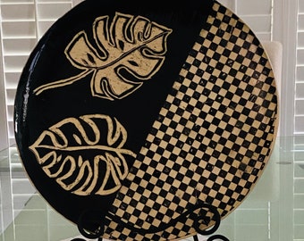 Large Ceramic Serving Platter: Black & Beige Carved Stoneware