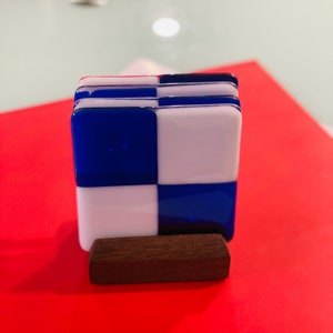 Glass fused coasters, blue and white coasters, checkerboard coasters, colored glass coasters, kiln fired glass coasters, set of 4