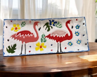 Rectangle ceramic platter, serving dish, Cuerda seca tray, fruit bowl, appetizer tray, red flamingo, cheese board plate, charcuterie board,