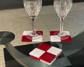 Glass fused coasters, red & white coasters, checkerboard coasters, colored glass coasters. kiln fired glass coasters, SET OF FOUR