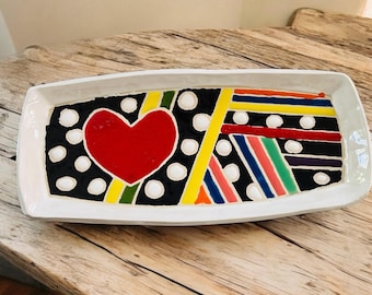 Rectangle ceramic platter, serving dish, Cuerda seca tray, fruit bowl, appetizer tray, bride gift, cheese board plate, charcuterie board,