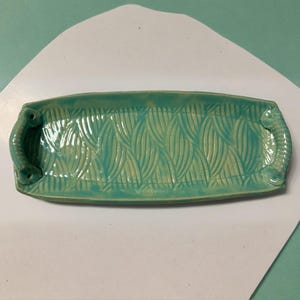 Handmade Green Porcelain Platter with Handles | Leaf Texture Serving Tray (11" x 4.5")