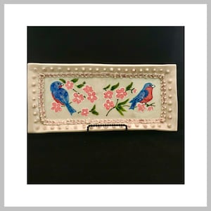 Ceramic art, hand painted platter, handmade bird decor, cheese board, olive tray, pottery tray, appetizer serving tray, sushi platter