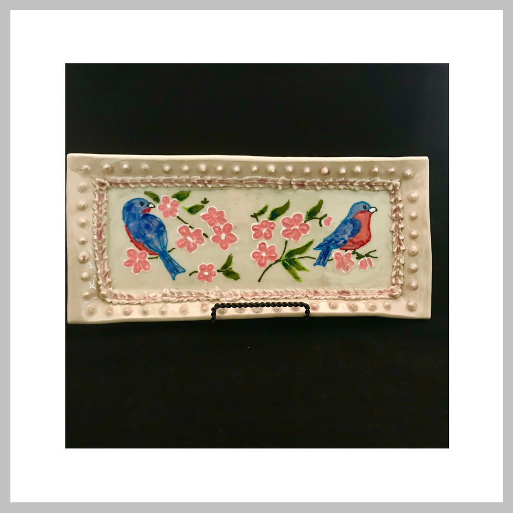 Hand-Painted Ceramic Serving Platter: Bird Decor, Cheese Board