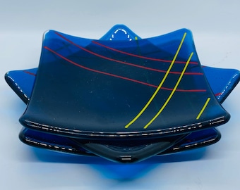 Fused Glass Appetizer Plates: Teal Blue with Pin Stripes, Set of Three
