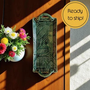 Dark Green Ceramic Platter | Palm Leaf Texture Serving Dish, Cheese Board