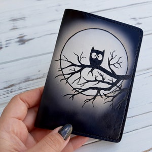 Owl passport cover, Owl on tree, Owl silhouette, Full moon, Pyrography leather, Handpainted holder, Travel document, Wallet, Custom leather image 1