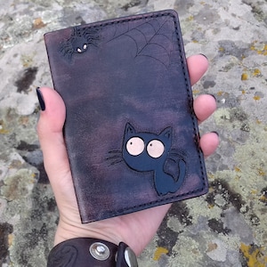 Capa de couro para passaporte, porta-passaporte, carteira de couro para gatos, Gato e Aranha, carteira para gatos, documento de viagem, carteira de couro