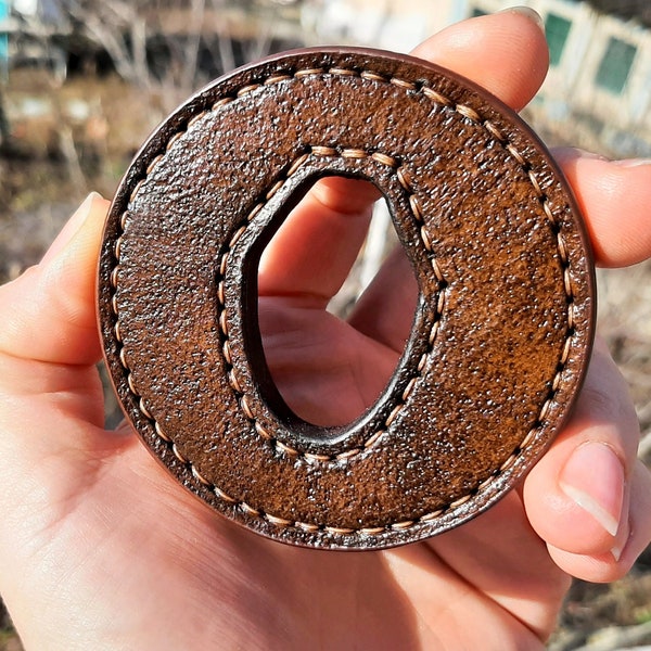 Leather tsuba for bokken, Garda, Wooden sword guard, Aikido, two layers of vegetable tanned leather, handwork