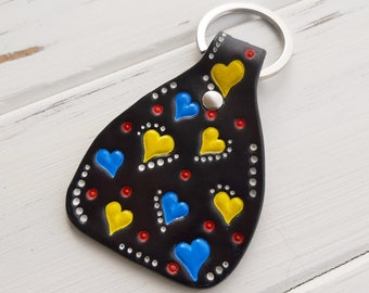 Ukraine heart leather keychain, Flag blue and yellow keyring, Handcrafted key fob, Custom leather keyholder, Ukraine Flag, Painted key