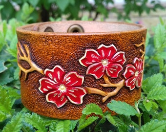 Leather flower bracelet, Flower cuff, Custom leather cuff, Hand carved leather, Biker bracelets, Boho flower bracelet, Western bracelets