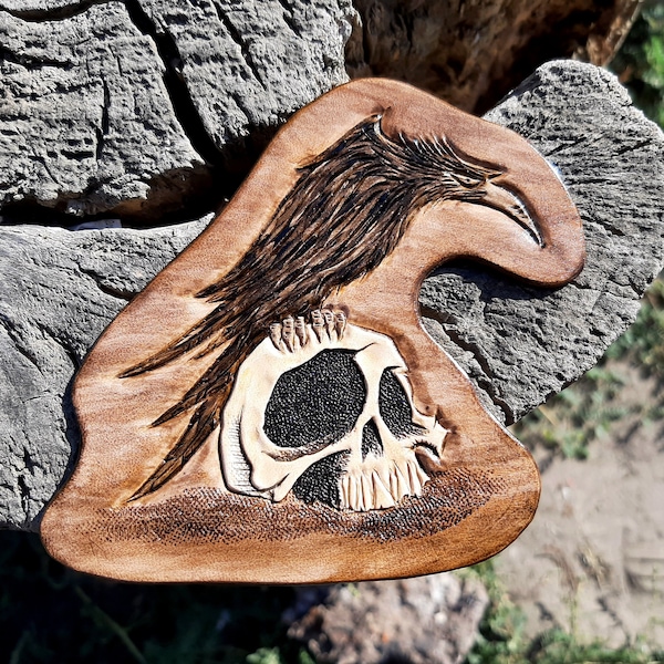 Leather skull and raven patch, Crow, Carved leather, Biker patch, Custom leather patch, Clothing patch, Hand tooled, Motorcycle patch, DIY