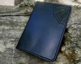 Black leather passport cover with spider web, Halloween, Carving, Gift holder, Travel document, Handcrafted, larp