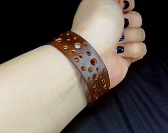 Leather wristband with perforation, Leather cuff, Riveted bracelet, Biker chic, Wide cuff, Men's leather, Rock leather, Personalised leather