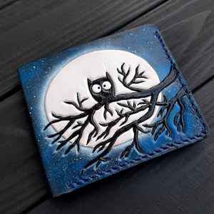 Portafoglio in pelle intagliata, Gufo, Luna, Portafogli biker corti, gufi ombra, notte e stelle, portafoglio trucker, portafoglio carta di credito, portafoglio con strumenti a mano