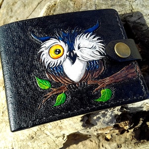 Carteira de couro coruja, carteira de caminhoneiro, bolsa de coruja, carteira de cartão de crédito, carteira de motociclista, Chouette, carteira feita à mão, carteira bifold, couro esculpido
