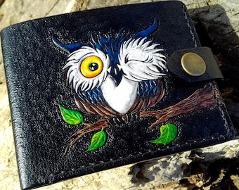 Owl wallet leather, Trucker wallet, Owl purse, Credit card wallet, Biker wallet, Chouette, Hand-tooled wallet, Bifold wallet, Carved leather