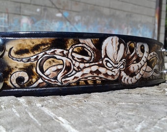 Octopus leather cuff bracelet, Pyrography, Leather pirate bracelet, Men bracelet, Biker chic, Kraken leather cuff, Steampunk kraken, Cthulhu