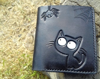 Cartera de cuero de gato, gato y araña, documento de viaje, monedero delgado, billetera Bifold, billetera Biker, cartera de cuero con herramientas a mano, cuero tallado