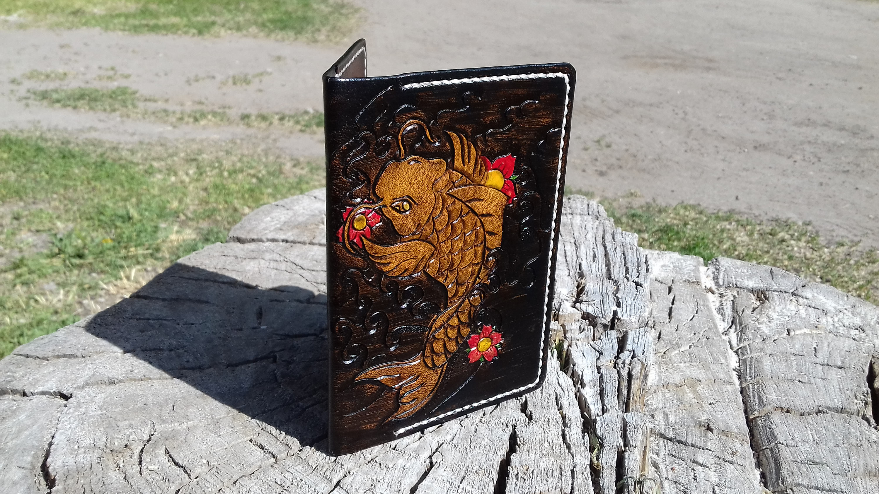 Leather passport cover with fish, Leather carving wallet, Koi carp, Travel document, Fishing gifts, Carpe koi, Leather larp, Passport holder