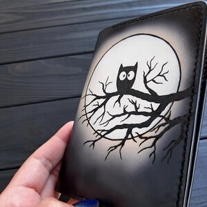 Owl passport cover, Owl on tree, Owl silhouette, Full moon, Pyrography leather, Handpainted holder, Travel document, Wallet, Custom leather image 5