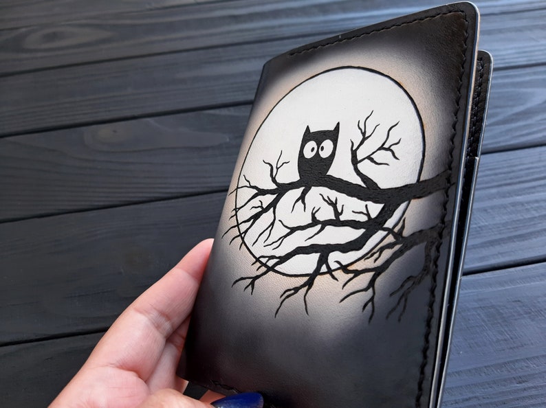 Owl passport cover, Owl on tree, Owl silhouette, Full moon, Pyrography leather, Handpainted holder, Travel document, Wallet, Custom leather image 5