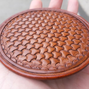 Leather carving coasters, Round coasters set home gift, Drinks coasters,  Hand tooled stitched, Coasters with holder, Western, Circle