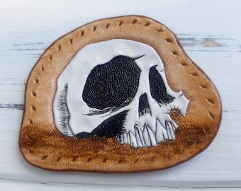 Leather skull patch, Skeleton, Carved leather, Biker patch, Custom leather patch, Clothing patch, Hand tooled, Motorcycle patch, DIY, viking