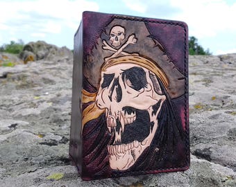 Leather passport cover, Pirate Skull, Carving, Holder, Travel Document, Wallet, Vintage effect, Gift, Cardholder, Handcrafted, Bones