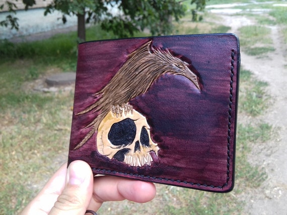 Leather skull and raven wallet, Biker wallet bifold, Crow, Carved leather wallet, Viking wallet, Trucker short wallet, Hand tooled wallet