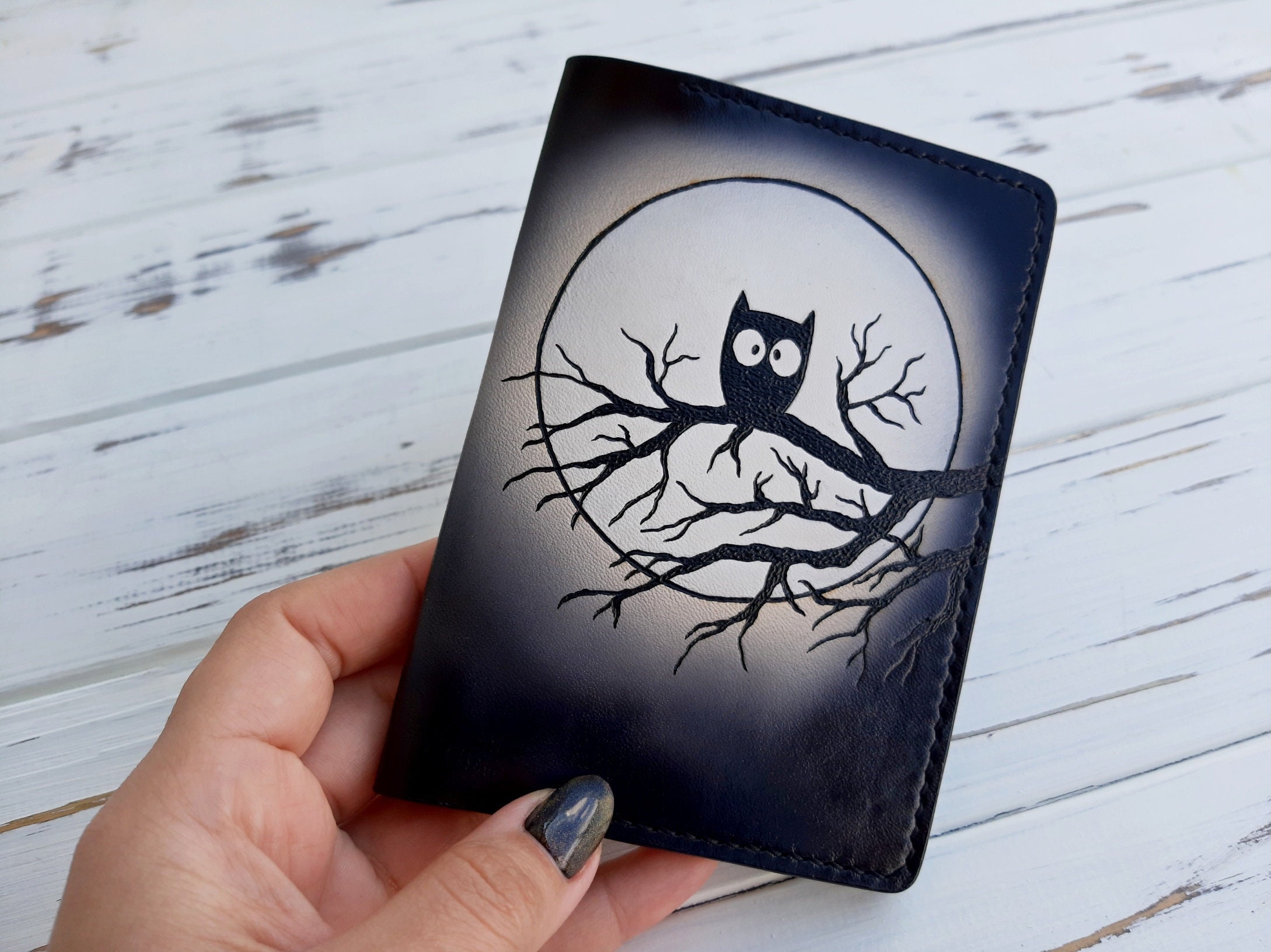 Owl passport cover, Owl on tree, Owl silhouette, Full moon, Pyrography leather, Handpainted holder, Travel document, Wallet, Custom leather