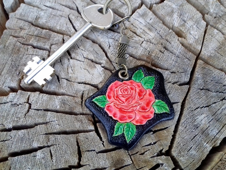 Rose Key Fob Leather Rose Keychain Custom Keychain Leather Etsy