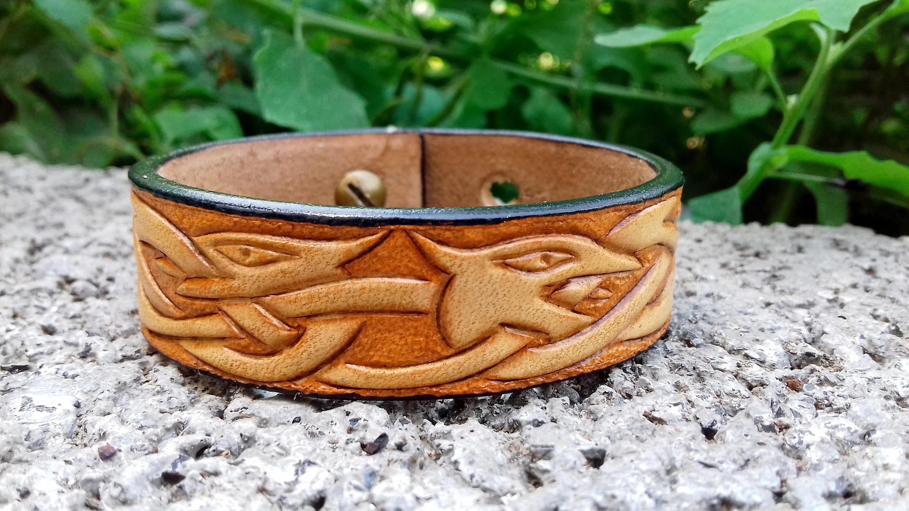 Celtic dragon leather bracelet Leather carving Knot work Etsy
