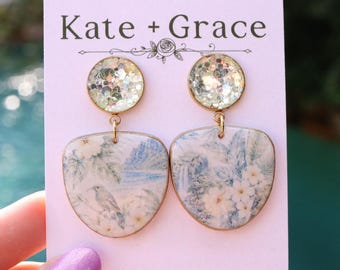 Handmade Polymer Clay & Resin Hawaiian Print Drop Earrings with Gold Plated Hardware