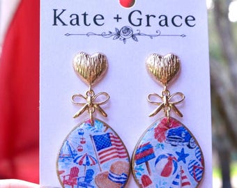 Handmade Americana Summer Print Polymer Clay & Resin Drop Earrings with Gold Plated Hardware